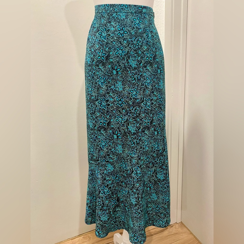 VTG 90s Sag Harbor Black & Teal Blue Floral Patterned Midi Maxi Skirt - 14